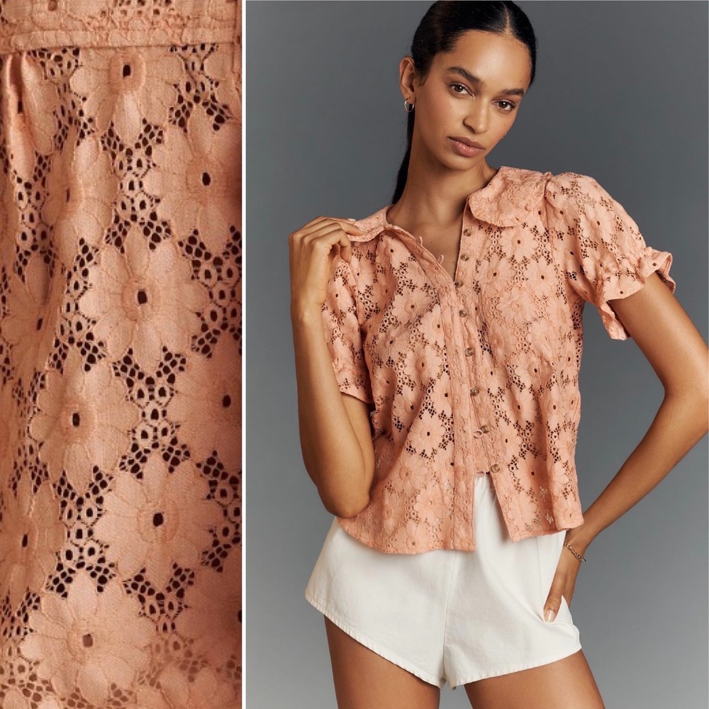 Anthropologie Pilcro Keira Lace Blouse NWT XS Coral Peter Pan Collar Boho Top